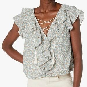 NWT Cupcakes & Cashmere Women's Kross Printed Ruffle Blouse with Lace Up Small